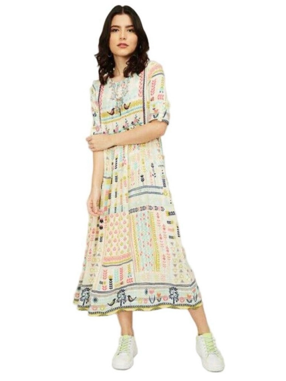 Folk art embroidered pastel print embroidered yoke dress Small tassel detail